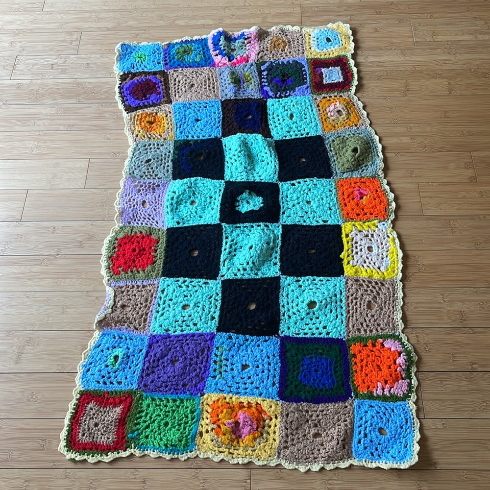 Multi-Color Granny Square Afghan 49 x 27 Throw handmade Crochet blanket